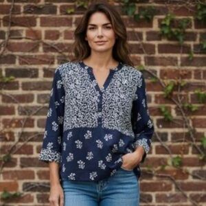 Lucky Brand Women’s Bohemian W/ Floral Design Blue/ White Blouse Top Size Large